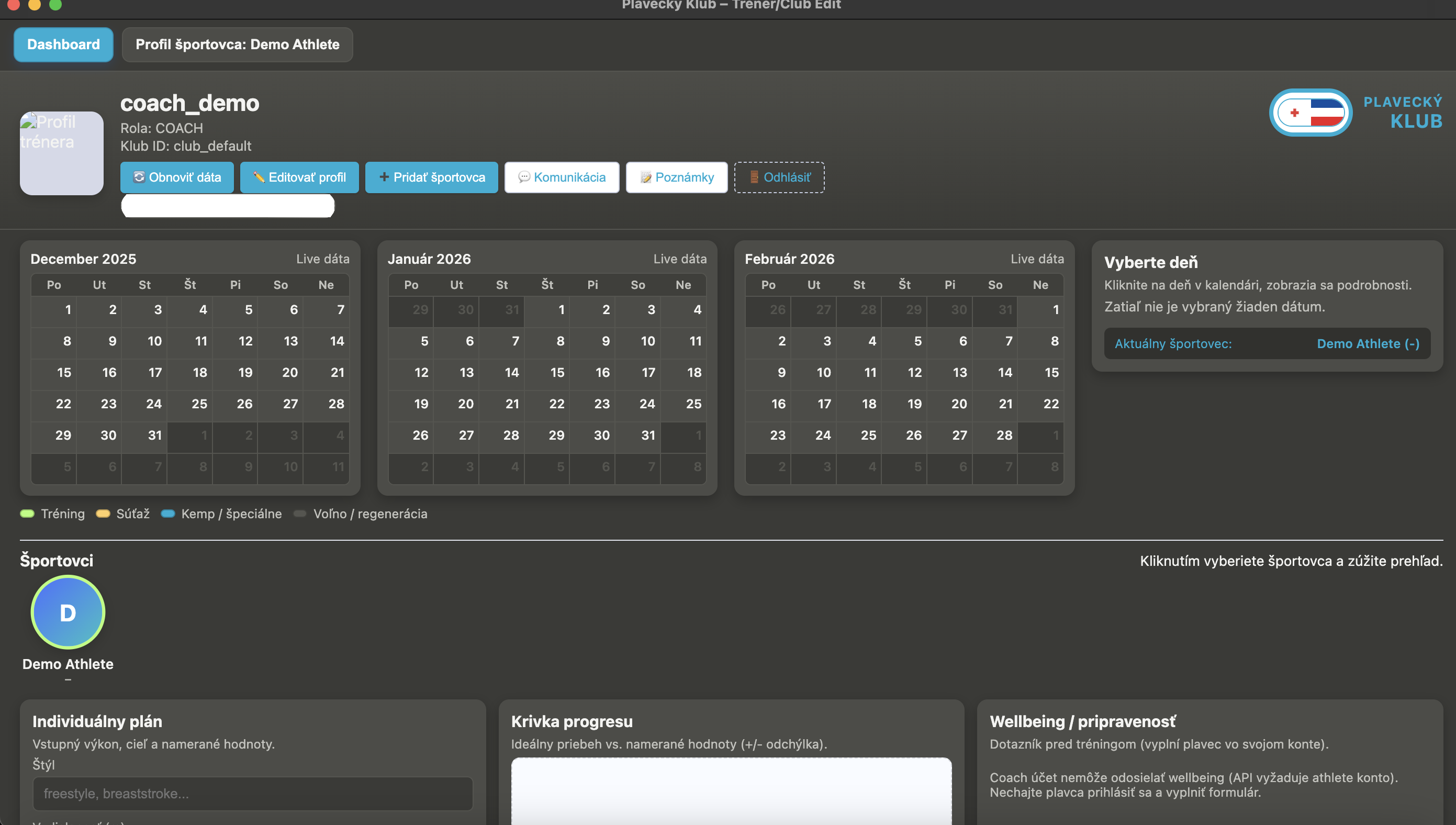 CoachDesk – kalendáre a športovci